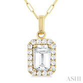 6x4 MM Octagonal Shape White Topaz and 1/6 Ctw Round Cut Diamond Halo Semi-Precious Pendant with Chain in 14K Yellow Gold
